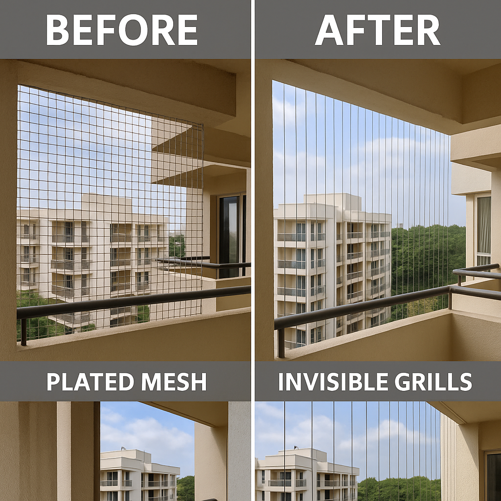 Before and After Balcony Safety with Plated Mesh and Invisible Grills