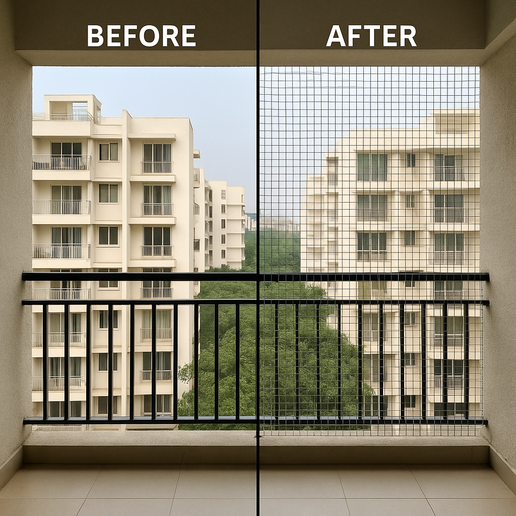Before and After Plated Mesh Installation on Apartment Balcony
